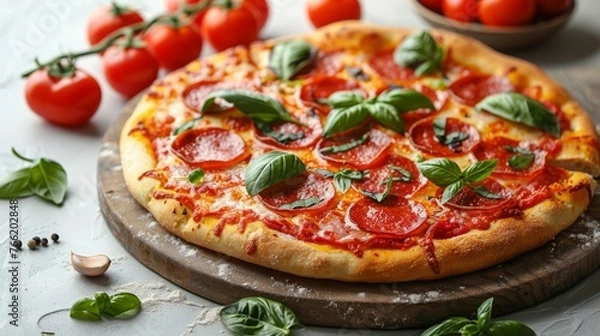 Fototapeta  a pizza sitting on top of a wooden cutting board next to a bowl of tomatoes and a bowl of basil.