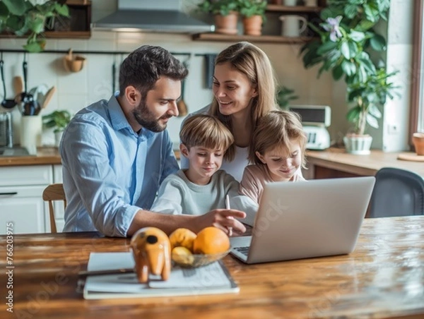 Obraz A family discussing online safety measures around a laptop at the kitchen table