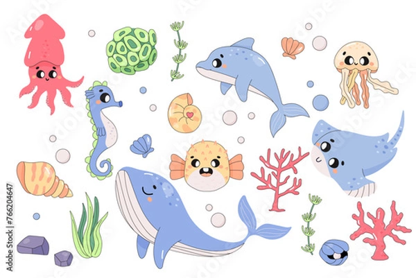 Fototapeta cute sea animals, set, on white background, fugu, whale, dolphin, cuttlefish, jellyfish. Underwater world.