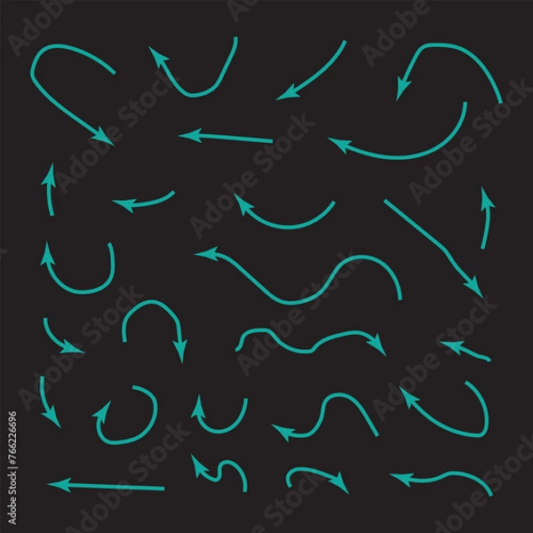 Obraz Set of Hand Drawn Arrows, blue Arrows Isolated on black Background, Directional Signs.