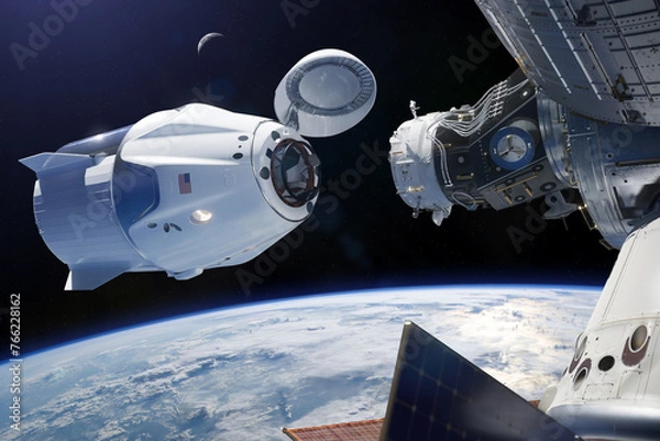 Fototapeta Cargo spacecraft in low-Earth orbit. Elements of this image furnished by NASA.