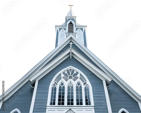 Fototapeta beautiful grey and white church building through a blue sky on white transparent background