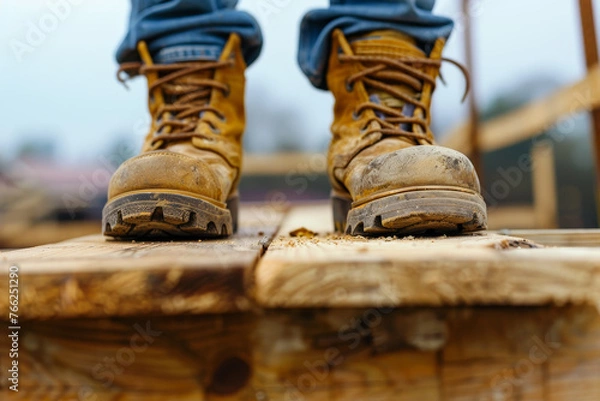 Fototapeta A close-up shot of a construction workers boots, standing on a wooden plank.
