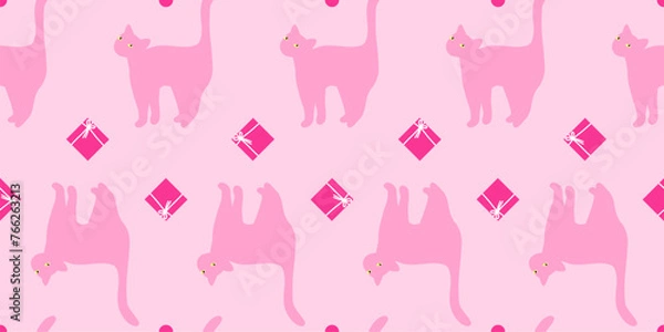 Fototapeta Seamless birthday cat pattern. Cute repeating texture with funny pink kitty and presents. Festive wrapping paper template. Birthday or new year background.