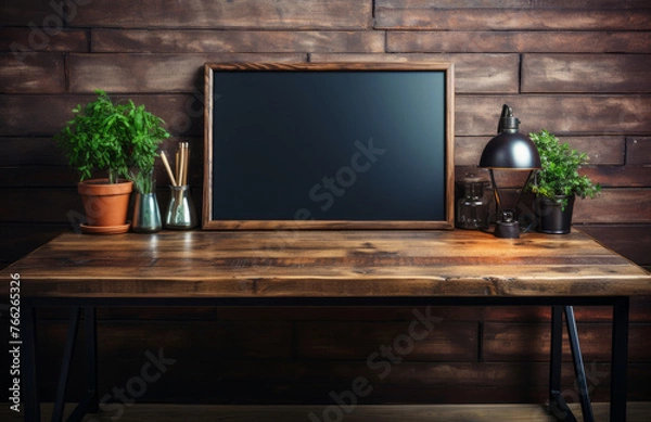 Fototapeta Empty blackboard on wooden table with green plants