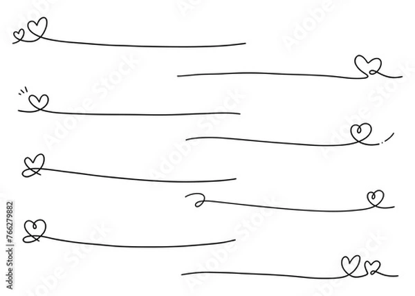 Fototapeta シンプルなハートの手書きのラインのセット、飾り罫、テキスト装飾素材