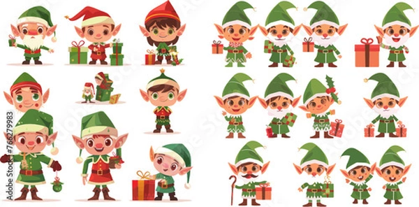 Fototapeta Funny Xmas winter baby dwarf little fantasy helper characters creature with gift, new year vector isolated symbols set