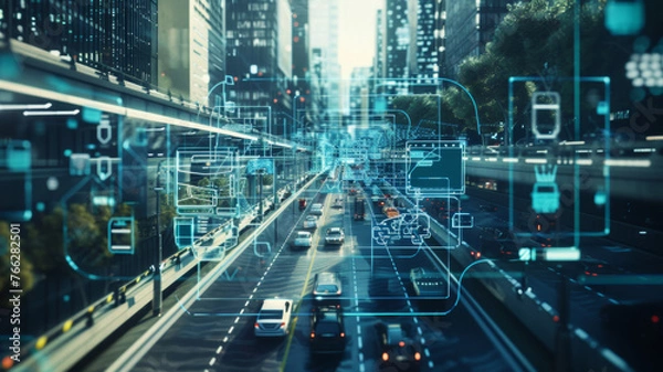 Fototapeta Vision of a data-driven cityscape with digital interfaces overlaying urban traffic.
