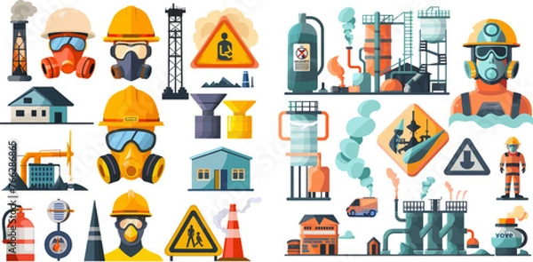 Fototapeta Occupational security preventive, medical insurance, air pollution protection warning hazard, vector set