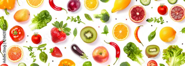 Fototapeta Horizontal pattern from healthy fruits, vegetables isolated on white background