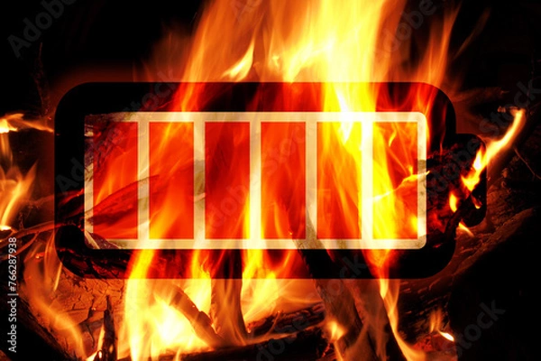 Fototapeta Battery fire, illustration of Li-Ion battery in front of fireplace