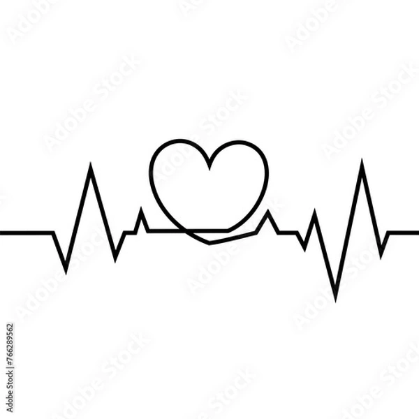 Fototapeta A linear drawing of a cardiogram with a heart on a white background.