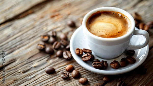 Fototapeta Coffee Cup with beans on table.