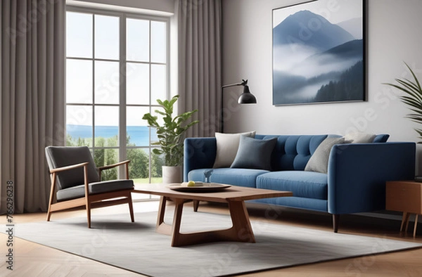 Fototapeta Interior of living room with armchair and wooden table