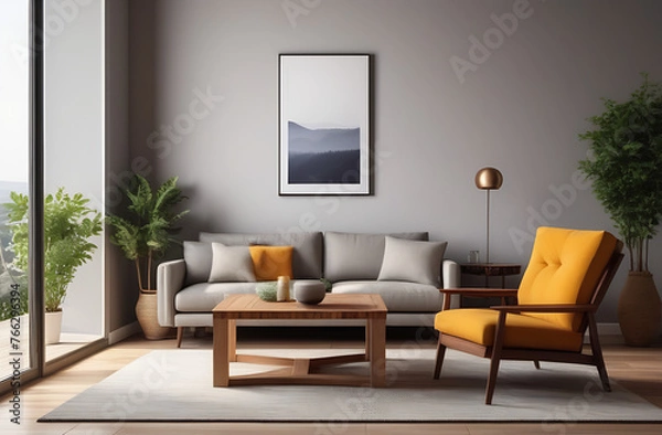 Fototapeta Interior of living room with armchair and wooden table