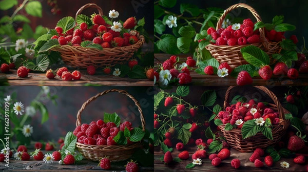 Fototapeta A basket of raspberries on the table with green leaves and white flowers scattered around, fresh and juicy strawberries and raspberries, still life illustration with unusual details,