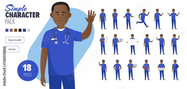 Obraz Simple flat 2d male black nurse man vector character in a set of multiple poses. Easy to edit and isolated on a white background. Modern trendy style character mega pack with lots of poses.	