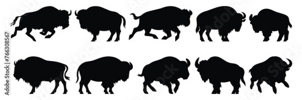 Fototapeta Bison buffalo silhouettes set, large pack of vector silhouette design, isolated white background