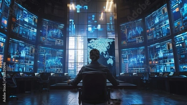 Fototapeta Man sit facing left on the chair Surrounded by Screens Displaying
