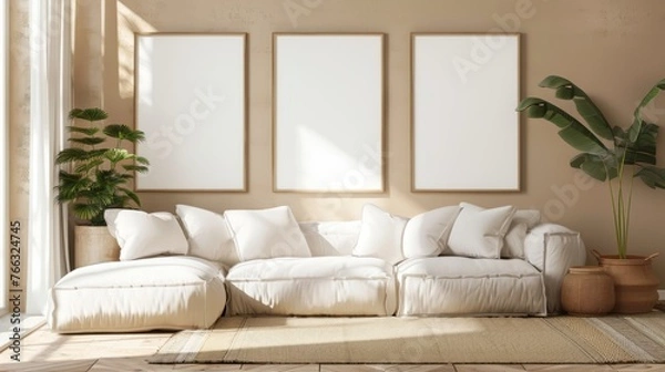 Fototapeta Interior of living room with picture frame mockup on wall, 3d render. AI generative.