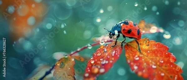 Fototapeta  A ladybug atop a wet leaf