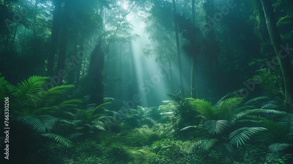 Fototapeta Tropical dense forest and environmental technology. Wide angle visual for banners or advertisements.