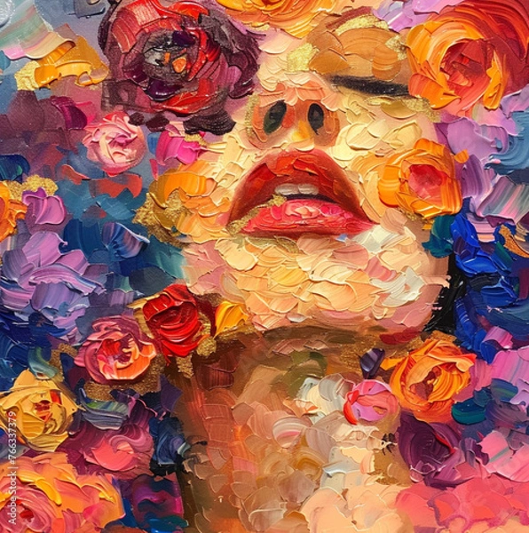 Fototapeta  a woman and a profusion of roses and clouds just her nose and mouth showing, Cobalt, violets, golds and reds