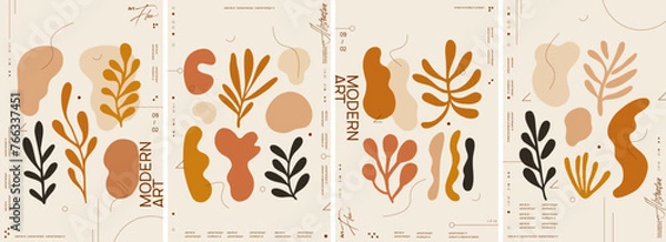 Fototapeta Set of four vector poster designs with abstract shapes and figures in earthy tones. Suitable for creative projects and covers, these designs combine geometric and organic forms for a modern aesthetic.
