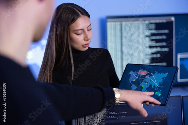 Fototapeta Cyber security team working in a Cyber Security Operations Center SOC to protect systems and technologies