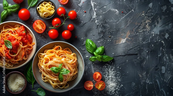 Fototapeta Italian cuisine concept: Top view of two bowls of pasta with tomato sauce and cheese, fresh basil, cherry tomatoes, on a dark textured background