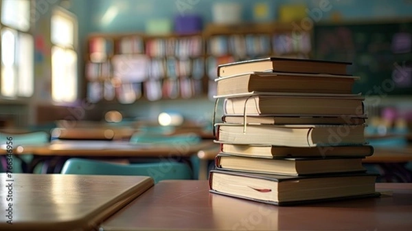 Fototapeta commercial photography, a stack of books in the classroom on the desk, book day