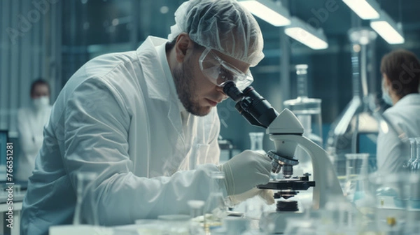 Fototapeta A scientist examines a sample through a microscope in a laboratory setting.