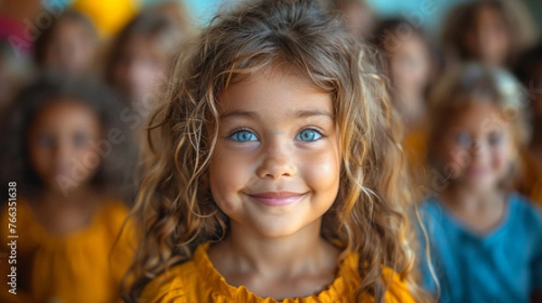 Obraz Child with captivating blue eyes and curled hair smiles warmly in a yellow outfit against peers
