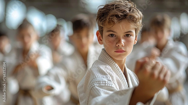 Obraz A young karate student in gi poses with focused determination, amidst a blurred background of peers