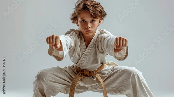 Obraz A serious young karate student with a brown belt assumes a defensive position in his gi