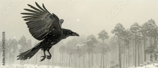 Fototapeta  Snow-capped trees in the distance with a bird flying through the sky, wings outstretched