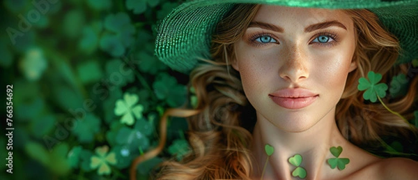 Obraz A captivating woman's close-up portrait featuring her green hat with a backdrop of clover leaves.  St Patrick's Day