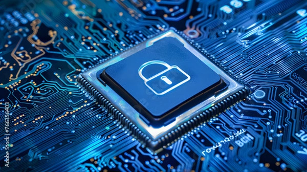 Fototapeta Blue circuit board closeup connected to a cpu with a glowing padlock symbol on top cybersecurity concept
