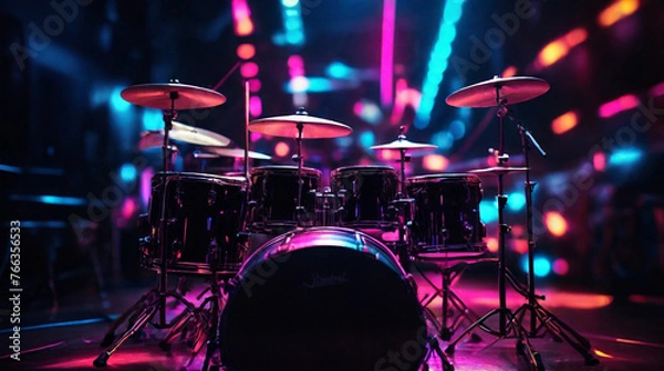 Fototapeta Drum set in neon lighting with bokeh effect