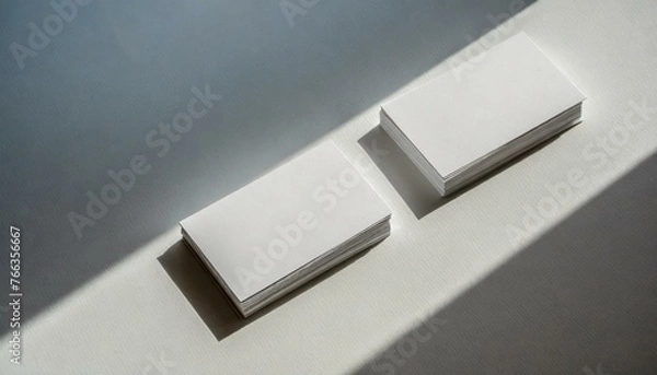 Fototapeta Business Card Mockup for Branding - Promotional Material for Personal Identification tied to Business - White Background with Shadow Overlay - Sunshine casted on Template