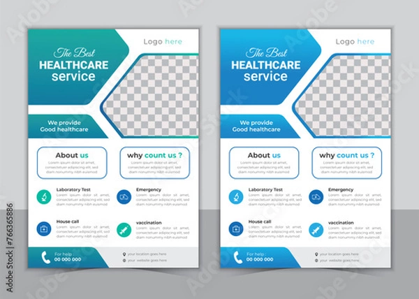 Fototapeta Modern healthcare and medical flyer or poster design. Template layout, hospital flyer, clinic poster, or flyer design vector set.