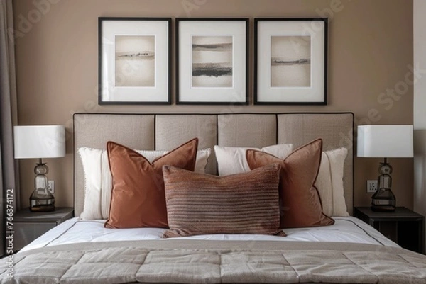 Fototapeta Sample frame set against a comfortable taupe bedroom backdrop