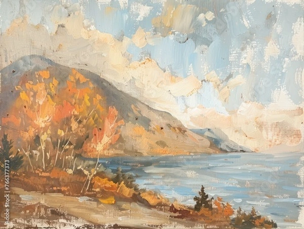 Fototapeta Vintage autumn coastal landscape oil painting featuring distant mountains, rendered in a palette of earthy rich tone
