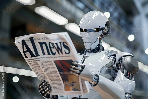 Fototapeta Artificial Intelligence Robot reading newspaper AI NEWS, conceptual image