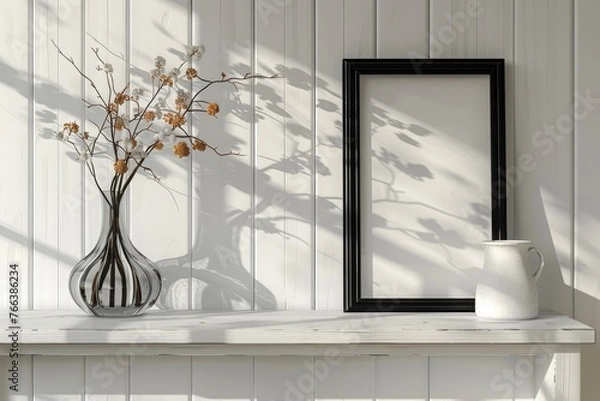 Obraz Vertical 8x10 Black frame mockup. Black frame poster on a white wooden shelf and white wall. 3D illustrations