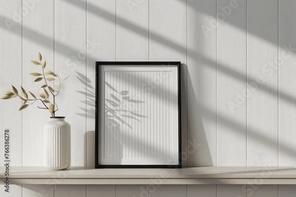 Fototapeta Vertical 8x10 Black frame mockup. Black frame poster on a white wooden shelf and white wall. 3D illustrations