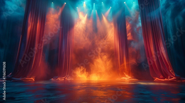 Fototapeta A beautifully lit stage with curtains gracefully cascading down.
