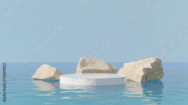 Fototapeta White marble cylindrical podium with stones on the water. Mockup for organic cosmetic product presentation, 3d render