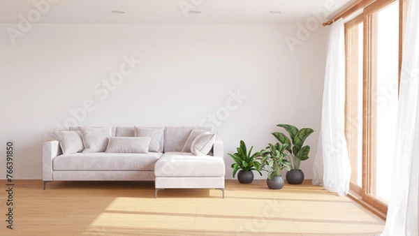 Fototapeta Moderm style empty white wall living room decorated with white sofa and green plants in the pots, 3d render 