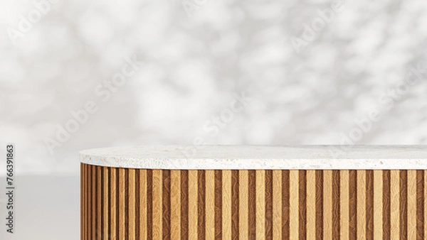 Fototapeta Minimal style luxury podium with wooden slats and white marble top on white wall with tree shadow background for product presentation 3d render illustration